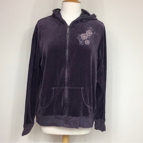 Style & Co. Sport Women's Purple Floral Sequins Velour Zip Hooded Jacket Size XL - Picture 1 of 13